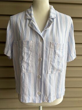 •Buffalo David Bitton• White/Blue Stripe Linen Blend Blouse - Size Medium